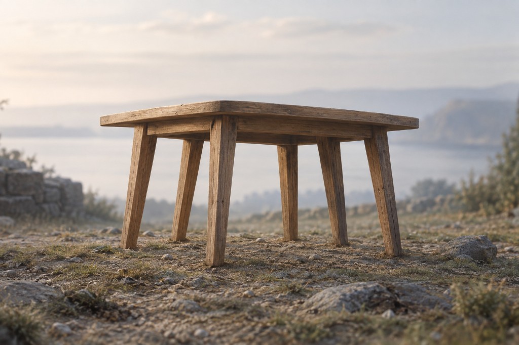 A six-legged wooden table standing on uneven ground beside the sea.